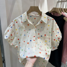 韩版彩色波点泡泡袖 夏季衬衫女POLO领单排扣洋气上衣衬衫