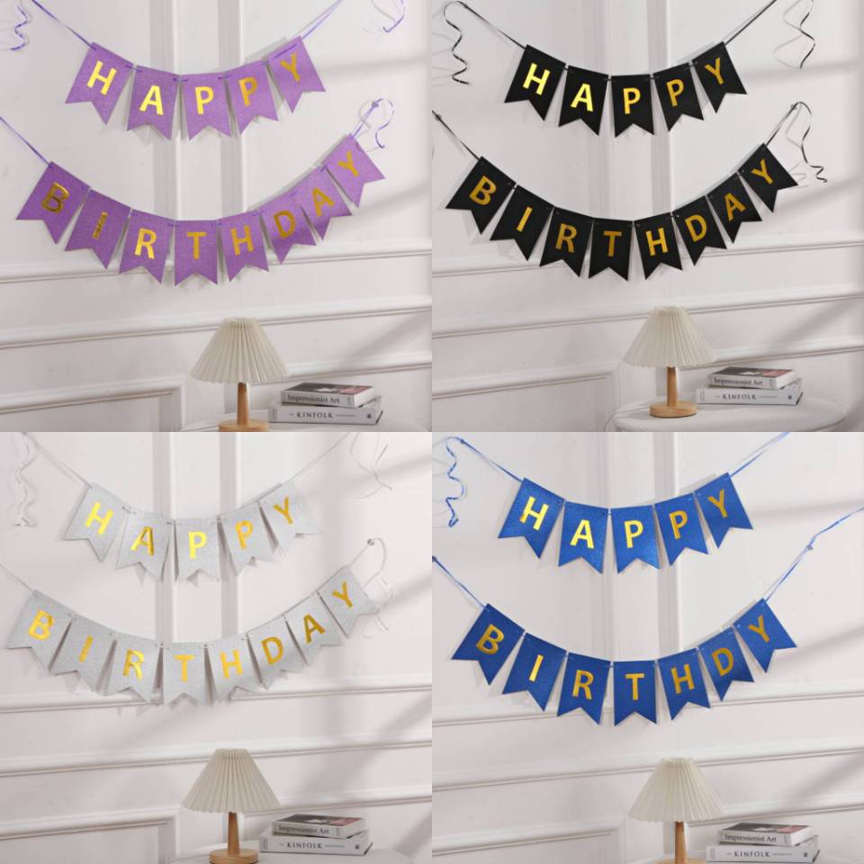 Factory Wholesale Birthday Pull Period Frosted Bronzing Fishtail English Happy Birthday Hanging Flag Birthday Party Decoration Banner