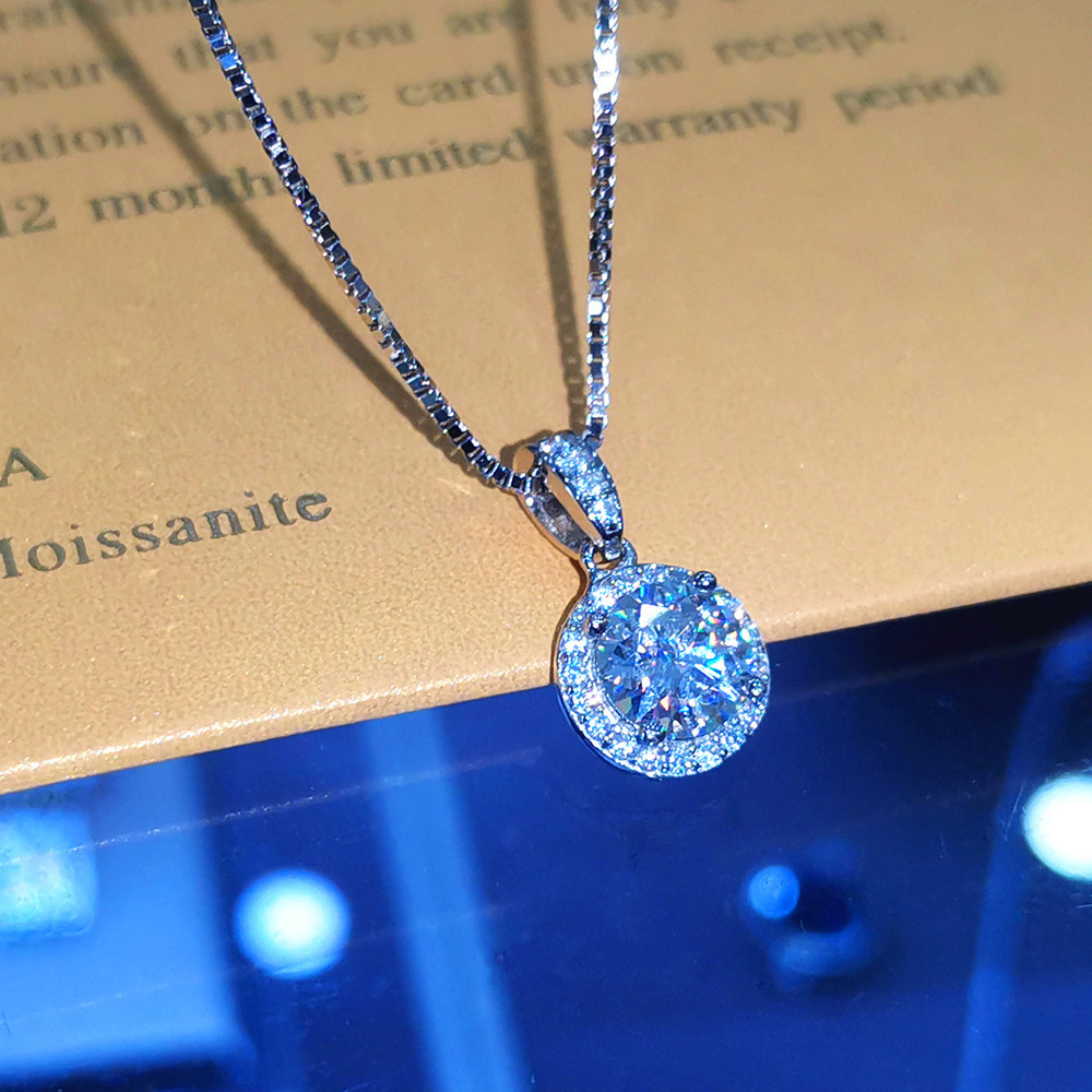 外贸新款莫桑钻锁骨链吊坠纯银s925经典圆包镶钻项链饰品工厂直销