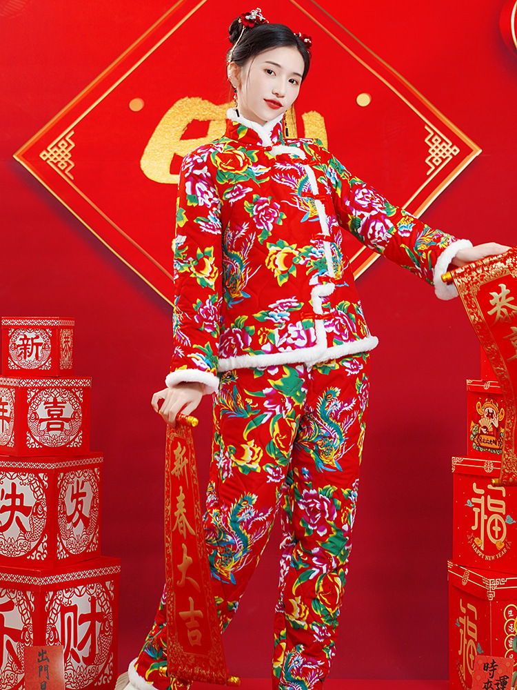 冬季新中式复古毛边东北大花棉袄国风碎花棉服棉裤网红棉衣套装女