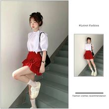 法式时尚红色碎花小众不规则蛋糕裙新款小个子松紧腰半身裙短裙子