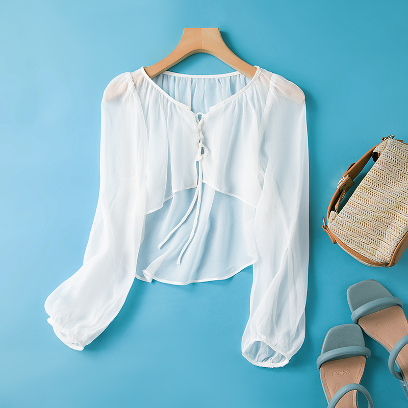 复古超薄桑蚕丝长袖女装短款系带沙滩防晒衣飘逸真丝乔琪