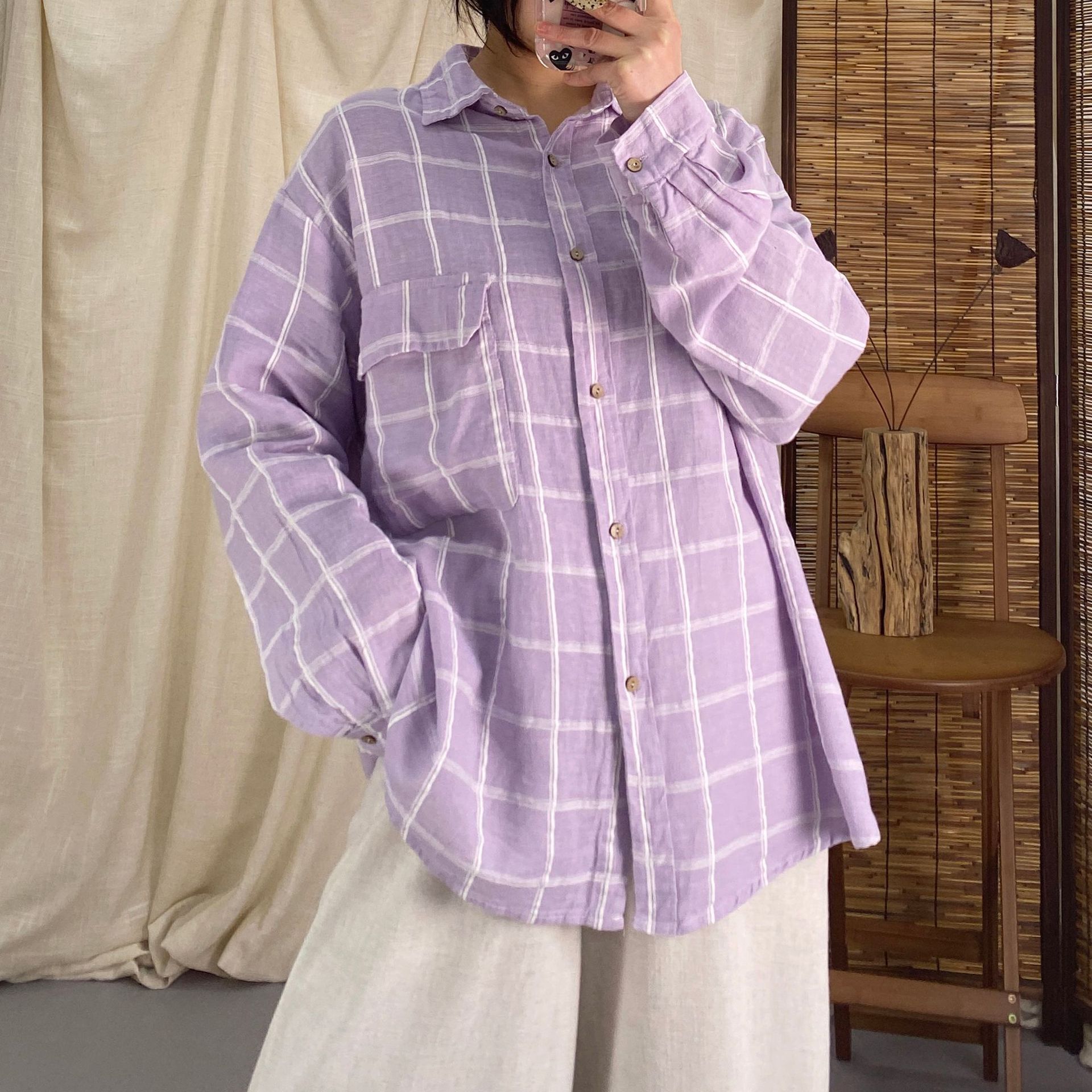 2024春季新款全棉格子衬衫女文艺翻领长袖宽松大码中长款衬衣