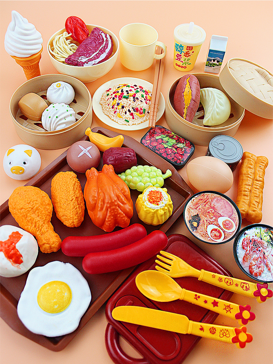 跨境货源仿真食物中西84件套蒸笼儿童点心包子玩具披萨过家家玩具