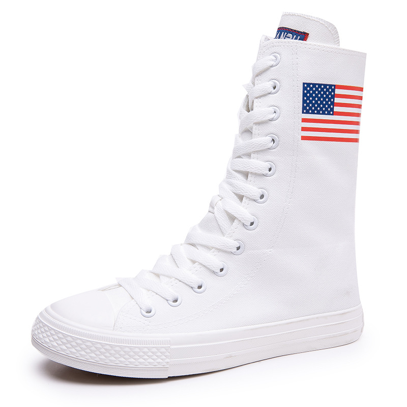 中筒前系带侧拉链美国国旗图案帆布鞋休闲鞋手绘鞋6159中筒026