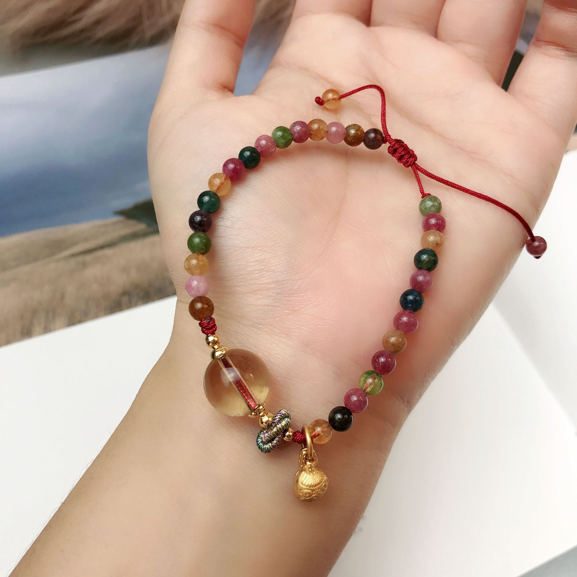 碧玺黄水晶手链三圈手编绳吞金兽奥地利水晶手串手工饰品串珠礼品