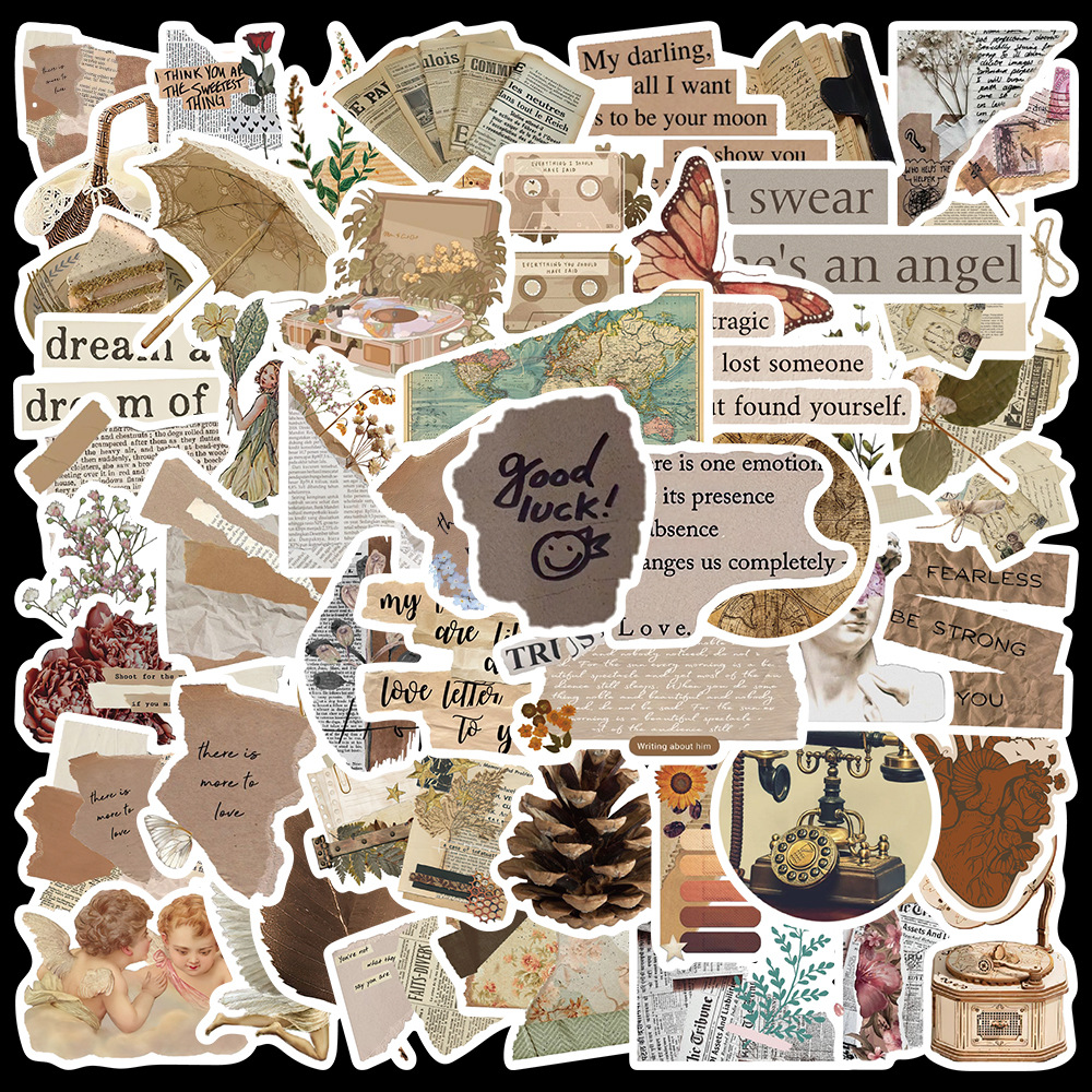 52张复古风格老物件贴画行李箱笔记本吉他手账防水贴纸可批发