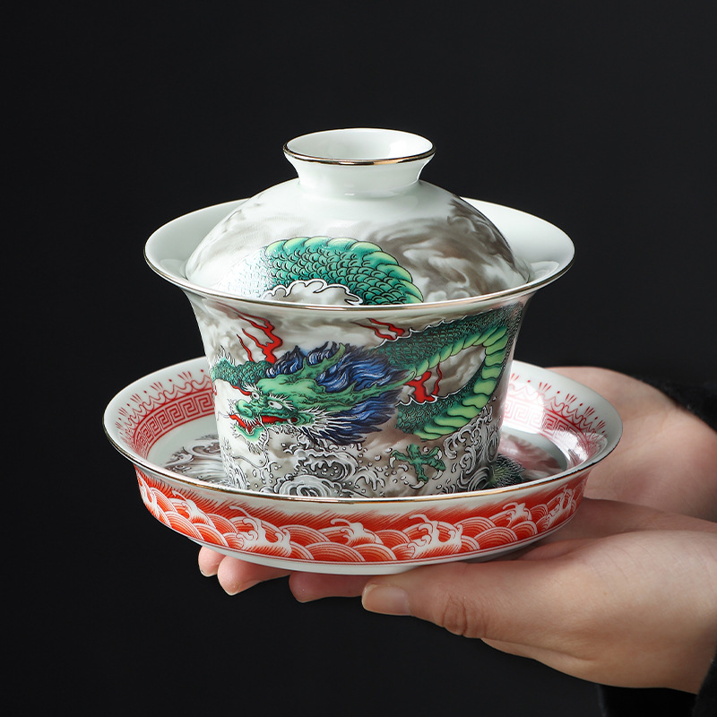 青龙腾云三才盖碗功夫茶具单个家用泡茶碗单人敬茶碗国潮伴手礼品