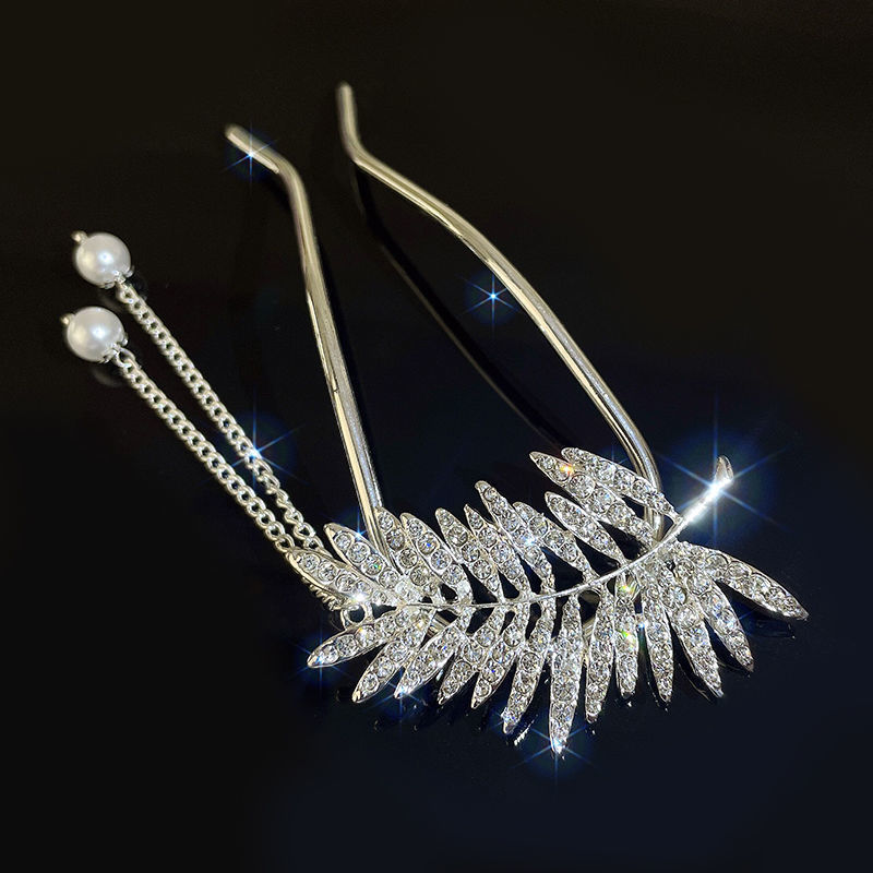 金色国风古典羽毛u型发簪优雅贵气水钻珍珠流苏发钗复古汉服头饰