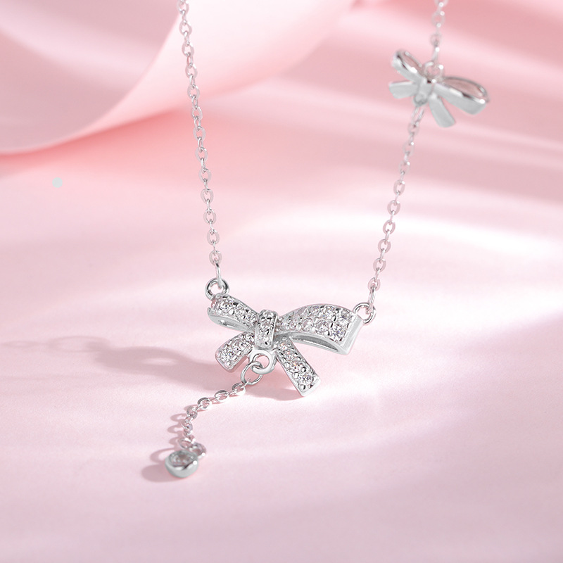 S925 Sterling Silver Bow Necklace Super Fairy Girl Style Diamond Shiny Sweet Clavicle Chain Summer Versatile Necklace