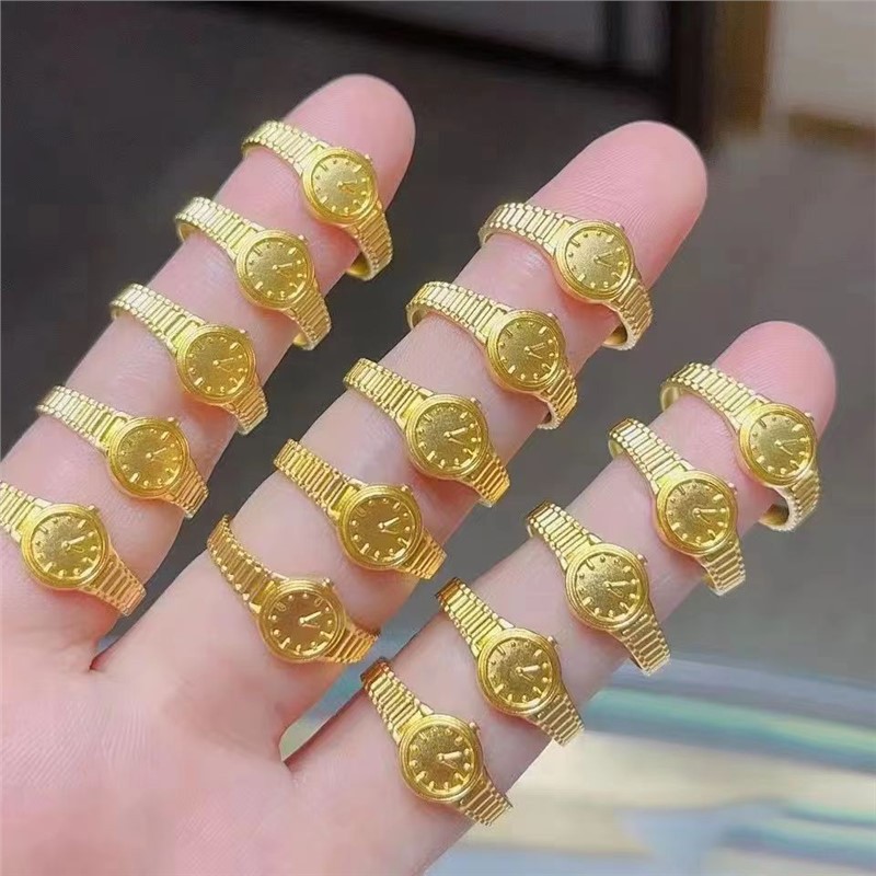 跨境直播批发时尚越南沙金小金表戒指女520时钟手表情侣对戒气质i