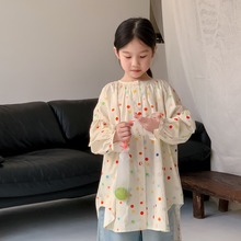 童衬衫2024春季新款韩版女童彩色波点长袖衬衫宝宝圆领宽松衬衣