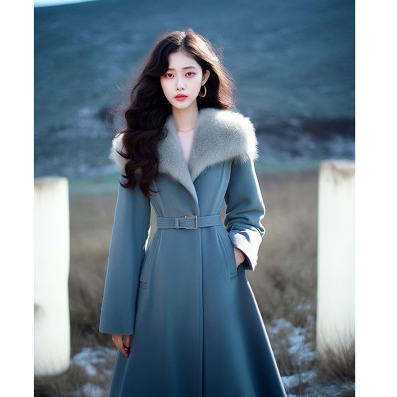 2024冬季新款复古大衣蓝色毛领收腰毛呢子外套女装-阿里巴巴