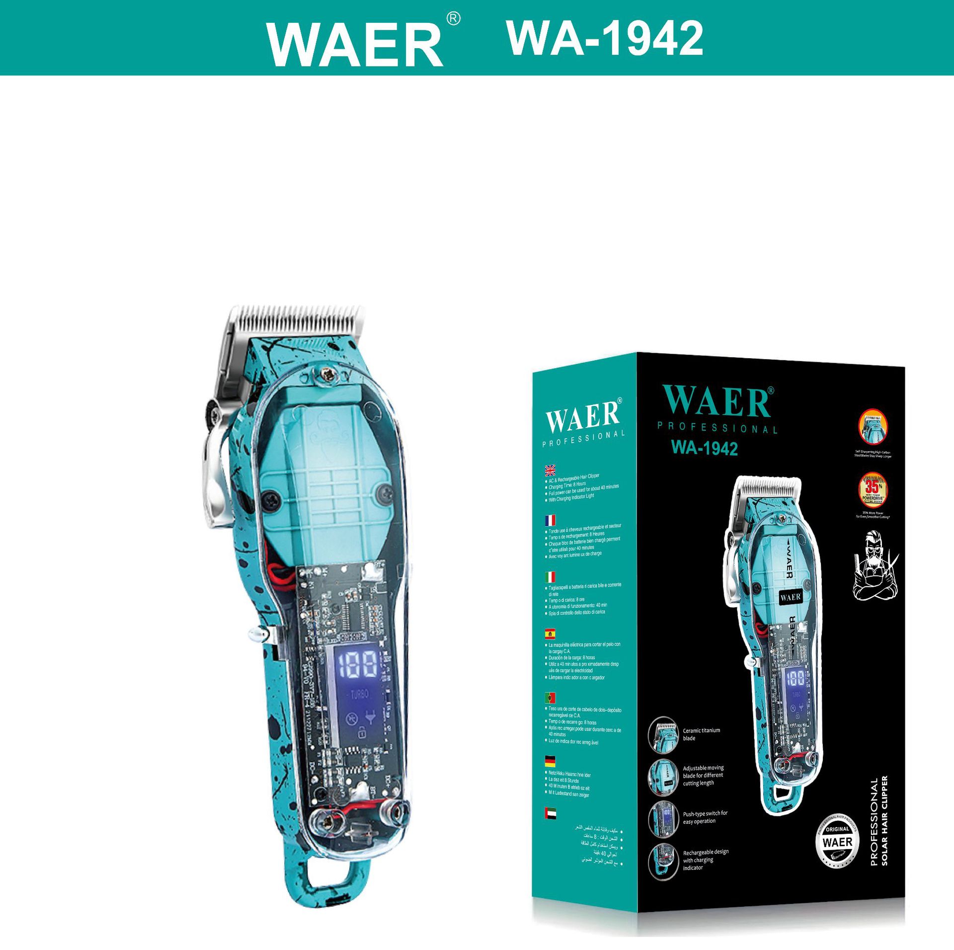 Waer Transparent Shell Electric Clipper Electric Adult Brush Motor Hair Clipper Multifunctional Digital Display Hair Scissors Wholesale