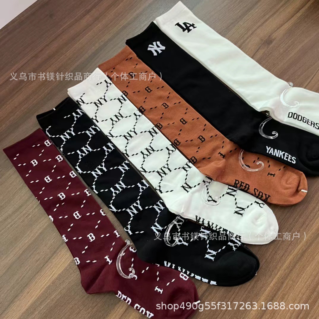 韩国mlb潮牌ny虚线袜子女中长筒春夏季薄款la字母运动小腿袜i批发