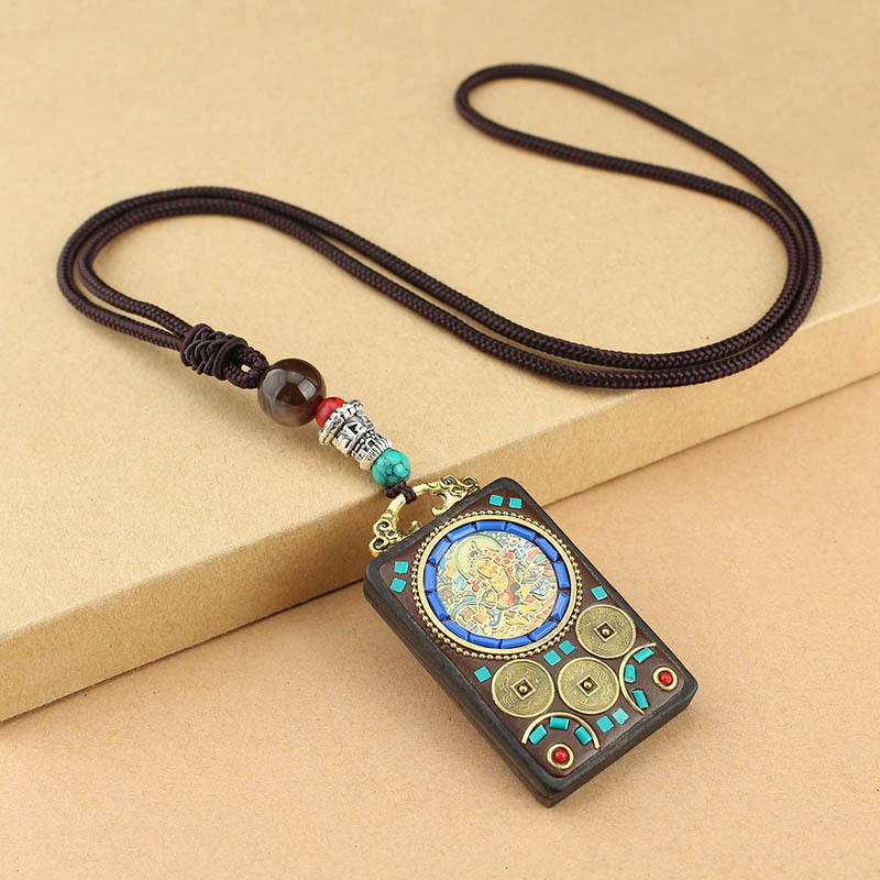 Vintage Nepal Tibet Thangka Handmade Ebony Necklace Big Sun Buddha Yellow God of Wealth Ethnic Style Ornaments Gift