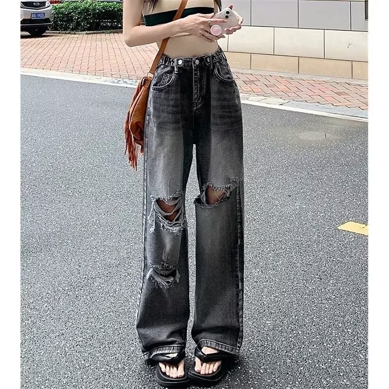 Cross-Border plus Size Fat Sister High Waist Ripped Jeans Women's Loose Straight Trousers Wide Leg Pants Daddy Pants Pants in