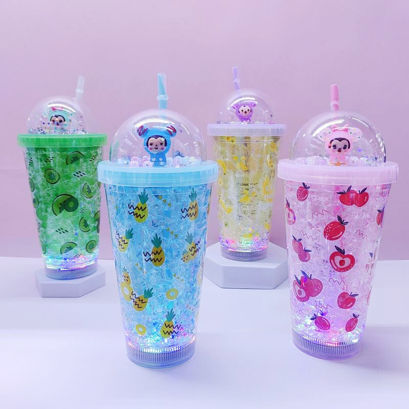 Cross-Border Factory Direct Supply Double Plastic Straw Cup Fashion Fruit Girl Ice Cup