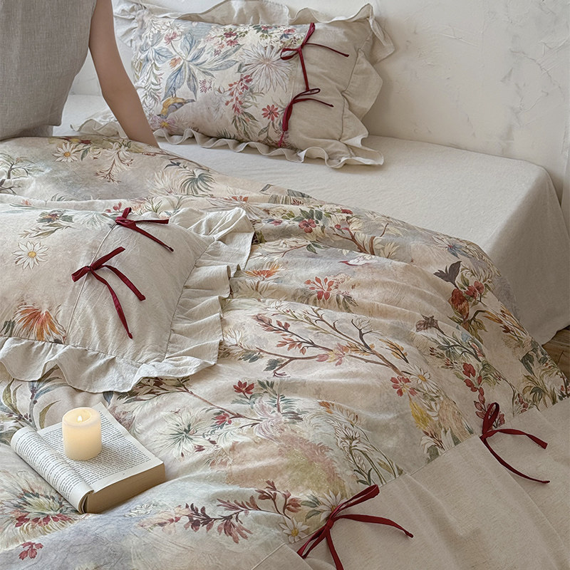 法式轻奢做旧感日系棉麻棉麻纯棉四件套春秋季柔软被套床上用品