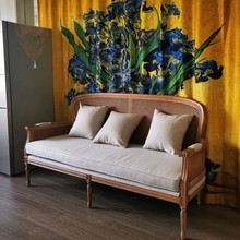 外贸出口美式复古做旧藤编实木双人沙发小户型客厅休闲接待沙发椅