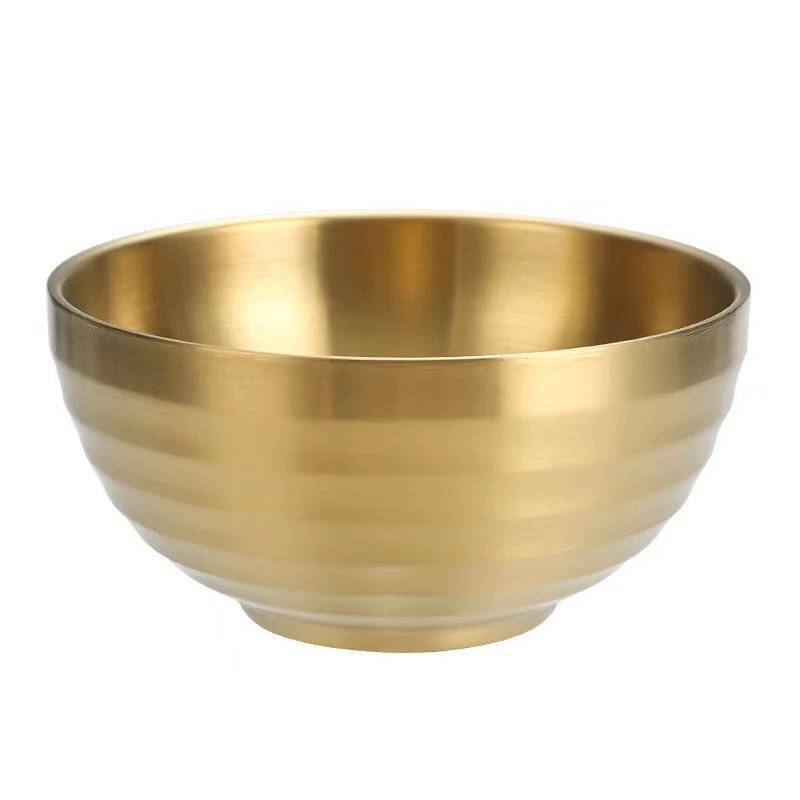 304 Stainless Steel Korean-Style Threaded Bowl Household Double-Layer Rice Bowl Golden Soup Bowl Kindergarten Restaurant Snack Bowl