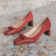 6368-5婚鞋女粗跟方头高跟鞋日常可穿不累脚新娘鞋红色喜庆秀禾鞋