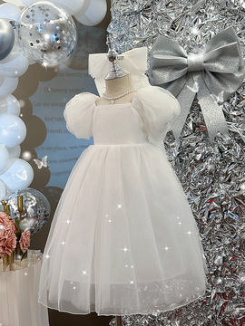 女童连衣裙夏装感洋气白色婚纱主持人礼服纱裙儿童生日公时尚