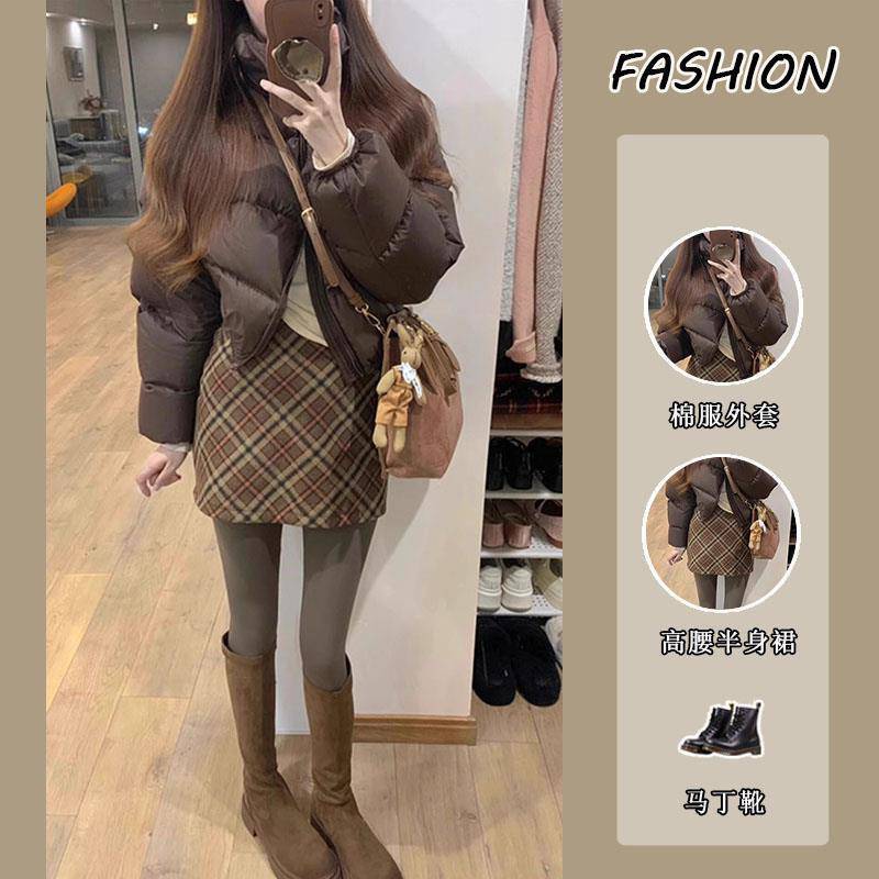 套装女2024秋冬新款韩系洋气短款棉服外套高腰显瘦半身裙子两件套
