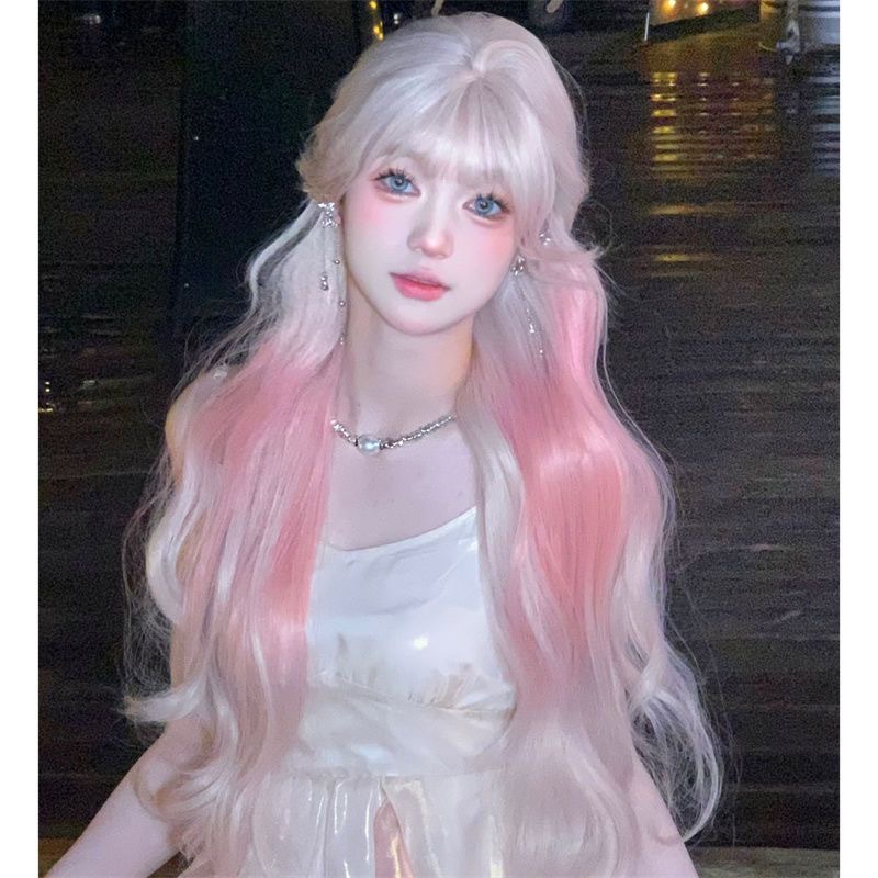 纤韵佳人假发女渐变蜜桃粉长发空气刘海自然仿真甜美长卷发全头套