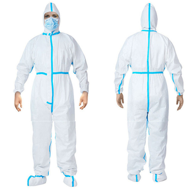 65g压蓝条厂家一次性卫生防护服隔离衣透气膜无纺布隔离连体服