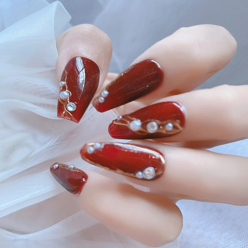 166穿戴美甲成品假指甲贴新娘复古红色魔镜粉鎏金浮雕钻珍珠立体