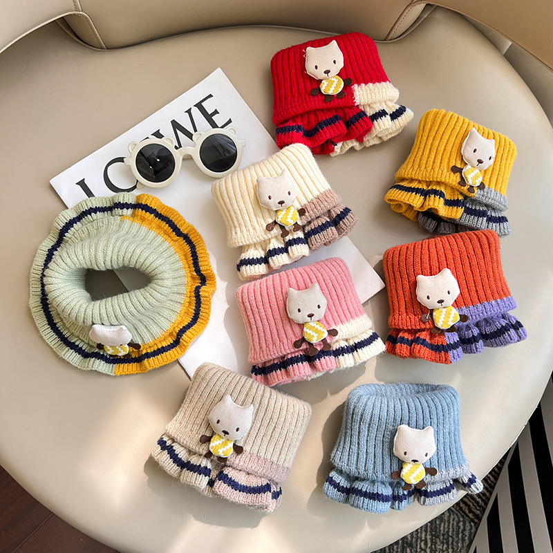 Puchun Boys and Girls Autumn and Winter Children Cartoon Cute Spliced Small Scarf Knitted Thermal and Windproof Neck Protection Scarf