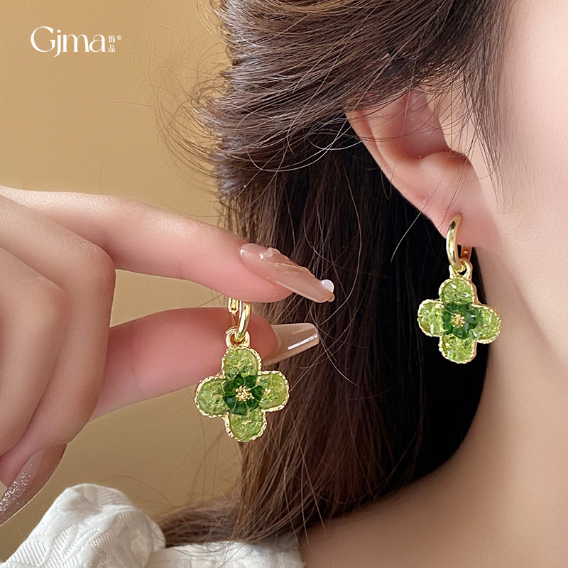 Fresh and Stylish Green Crystal Flowers Ear Clip Internet Celebrity Trendy Earrings Advanced Sentong Qin All-Match Earrings Wholesale