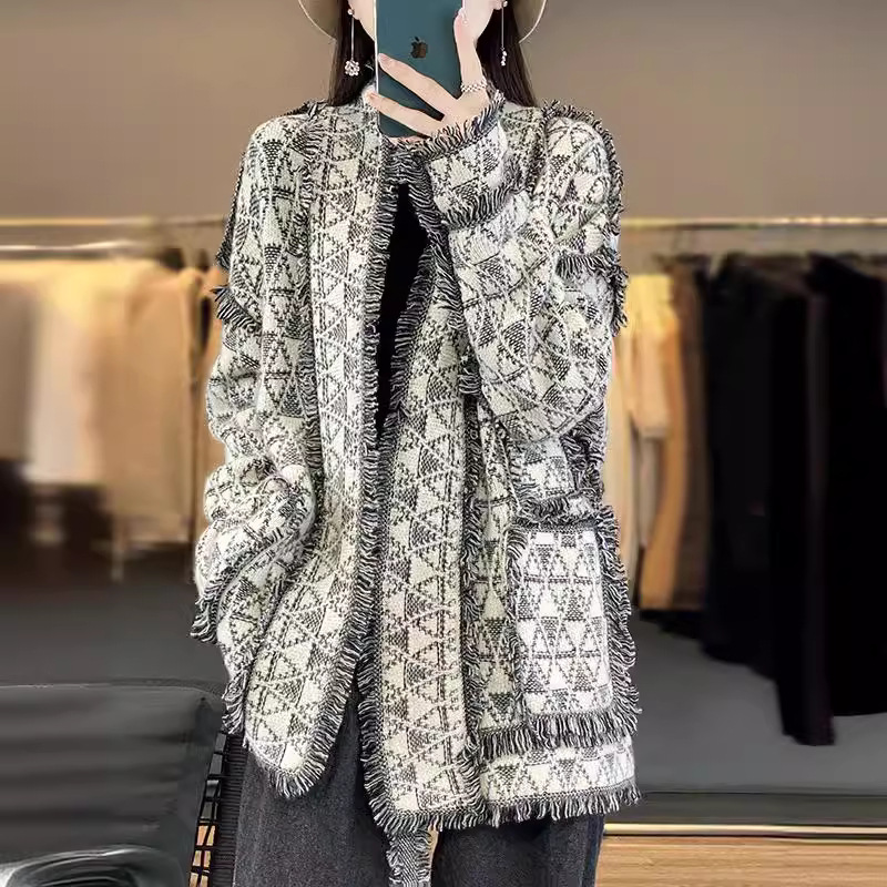 秋冬新款v领羊毛重工三角形流苏开衫韩版针织衫宽松百搭毛衣外套