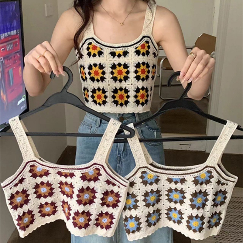 实拍2024夏季新款针织镂空刺绣小花拼接撞色吊带小背心女-阿里巴巴