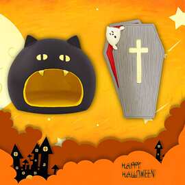 zakka万圣节大嘴黑猫幽灵棺材娃娃屋场景道具装饰礼品树脂小摆件