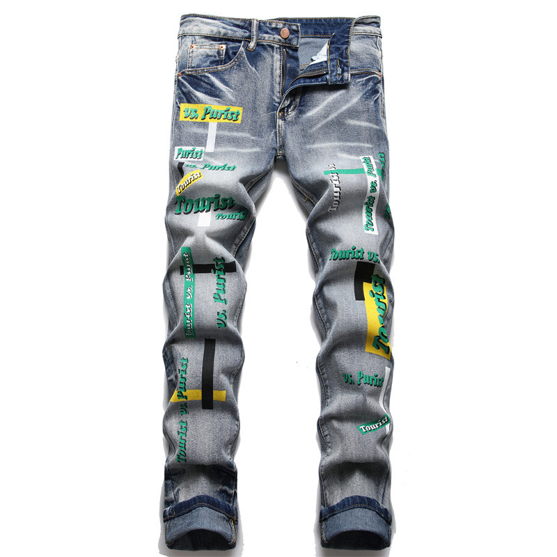   Foreign Trade Style Punk Trendy Retro Blue Ripped Slim Elastic Printing Printing and Dyeing Feet Men's Jeans 3298