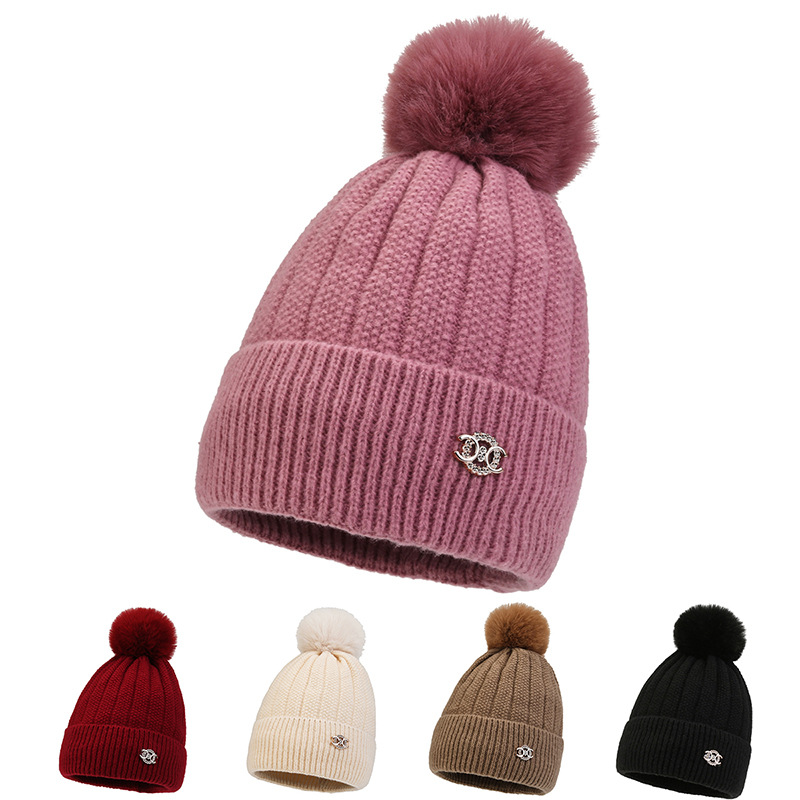 New Women's Solid Color Autumn and Winter Woolen Cap Cycling Plus Fluff Knitted Hat Student Outdoor Keep Warm Hat All-Match Fashion