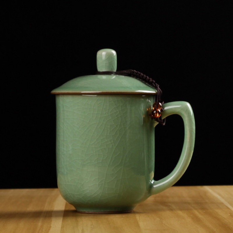 青瓷茶杯仿古带盖冰裂陶瓷办公会议杯茶馆酒店餐饮足浴店