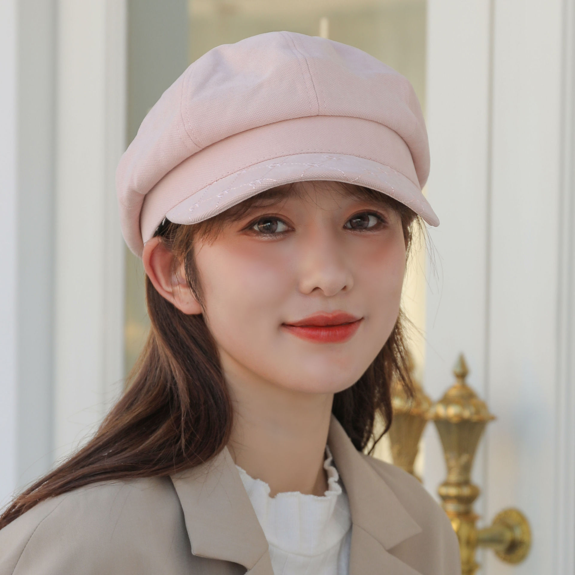 鸭舌帽ins潮帽子女秋冬贝雷帽百搭大头围格子八角帽韩版时尚甜美