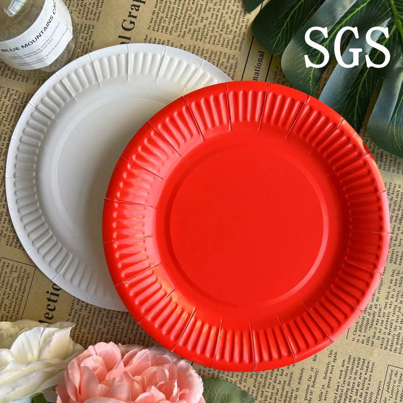 bright red disposable paper tray fine lines 9-inch white cardboard plate 23cm party thickened disc festive paper plate paper plate