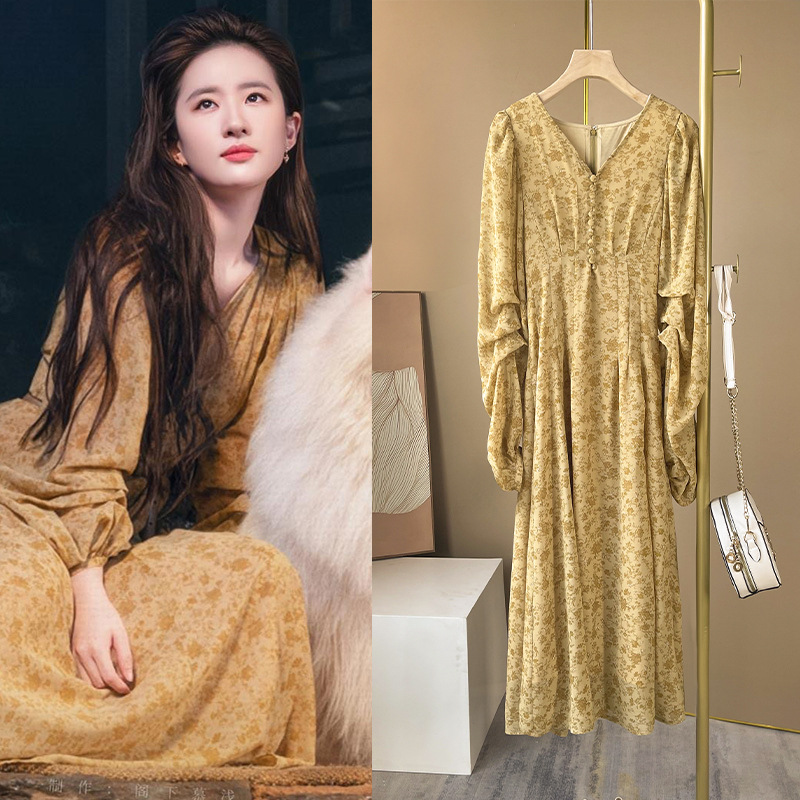 [现货]去有风的地方刘亦菲许红豆同款黄色碎花灯笼袖连衣裙女度假