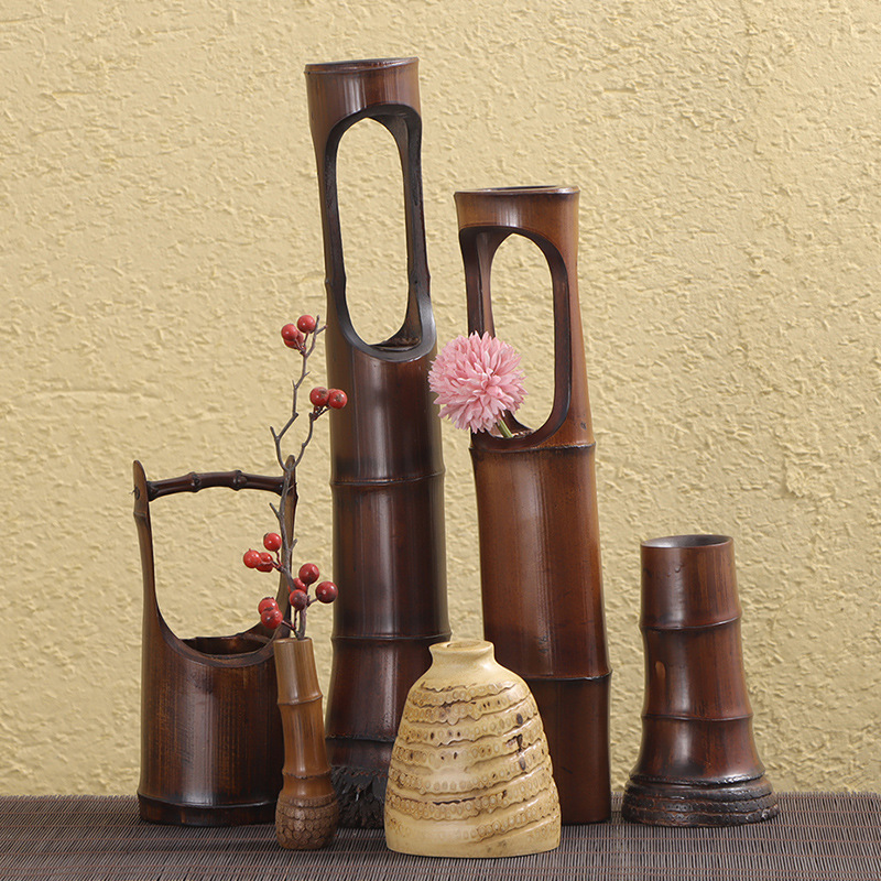 竹根花器装饰花瓶干花插田园花艺竹筒花篮禅意茶道摆件竹工艺品