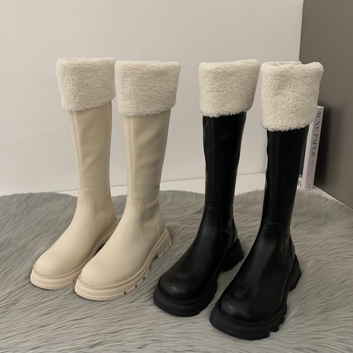 厚底雪地靴白色毛毛鞋子女新款2023爆款加绒棉靴长筒靴