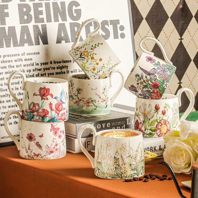 手绘卡通花朵大容量马克杯陶瓷杯咖啡杯水杯子早餐杯原创设计白瓷