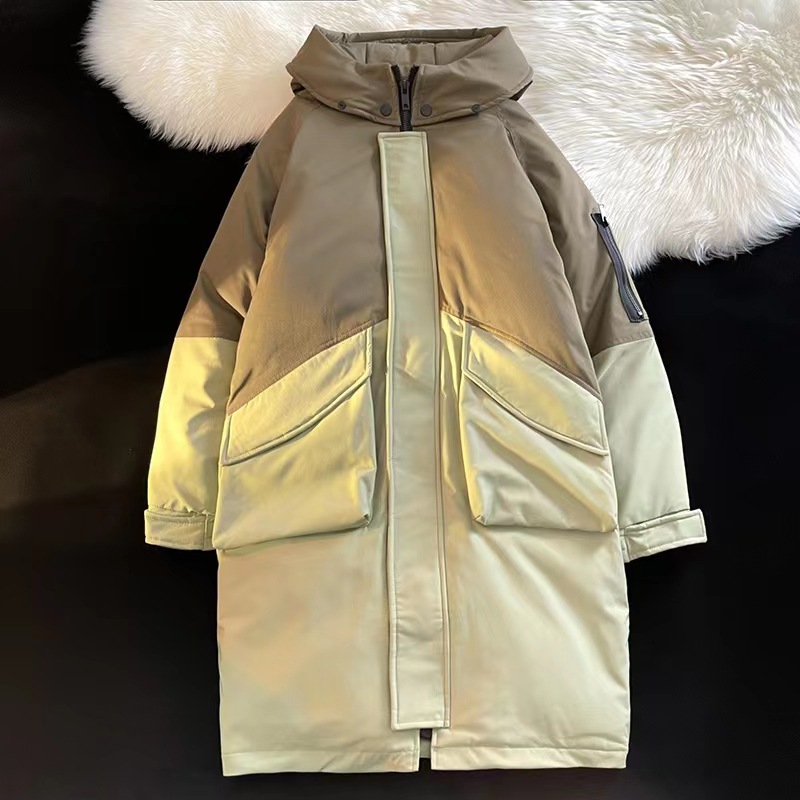 Down Jacket Men's and Women's Mid-Length Couple Wear over the Knee Hong Kong Style Fur Collar Student Color Matching Warm Winter Loose Fashion Coat