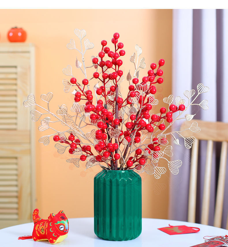 发财果红色仿真花假花摆件花瓶插花家居客厅春节婚房花束装饰摆设