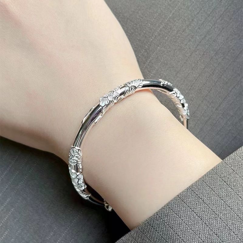 Blooming Flowers like Brocade Silver Bracelet Solid Filigree Bird Feather Push-Pull Bracelet Non-Fading Valentine's Day Gift for Girlfriend