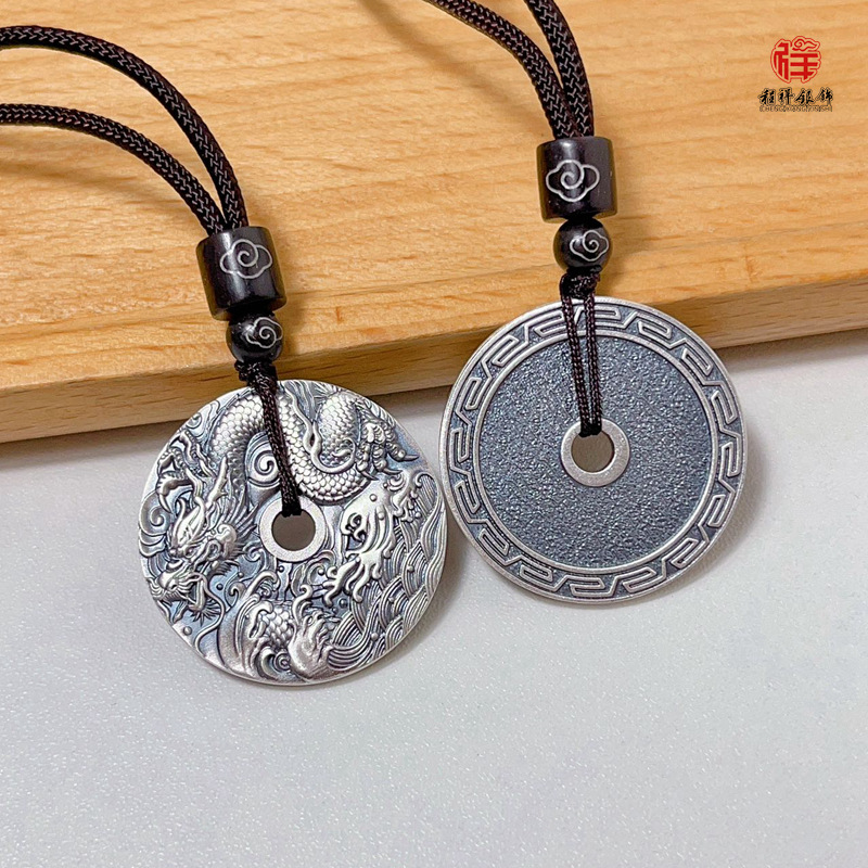 s999纯银实心古法龙平安扣吊坠男女士本命年随身物龙年生肖钥匙扣