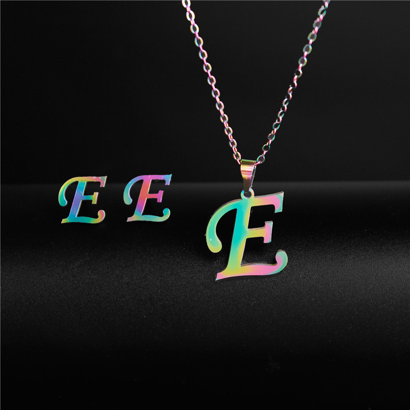 Cross-Border Colorful Accessories European Hip Hop Stainless Steel Necklace and Earring Suit Simple 26 English Letter Necklace